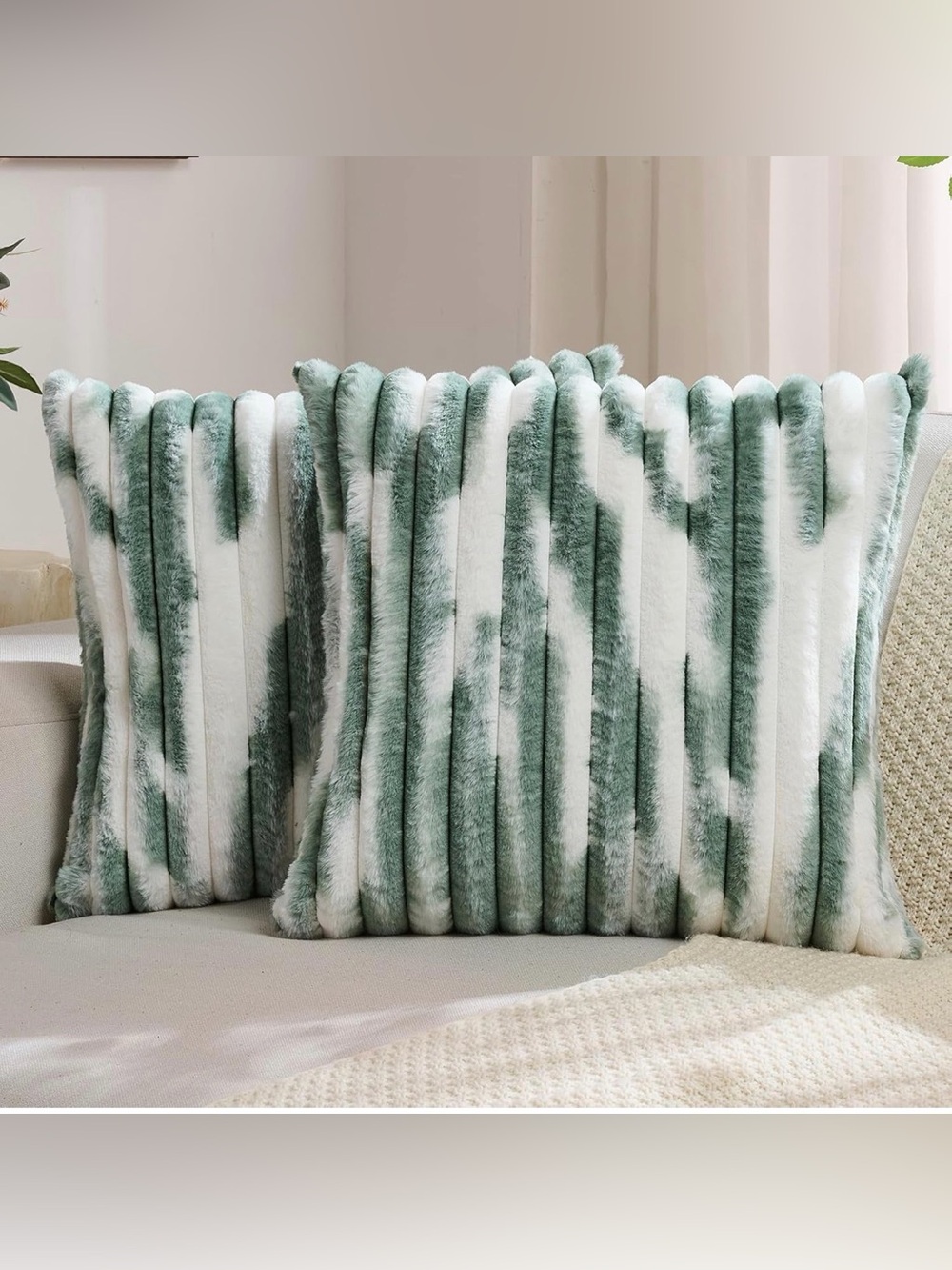 Pack of 2 Faux Fur Throw Pillow Covers 18x18 Inch, Dark Green White